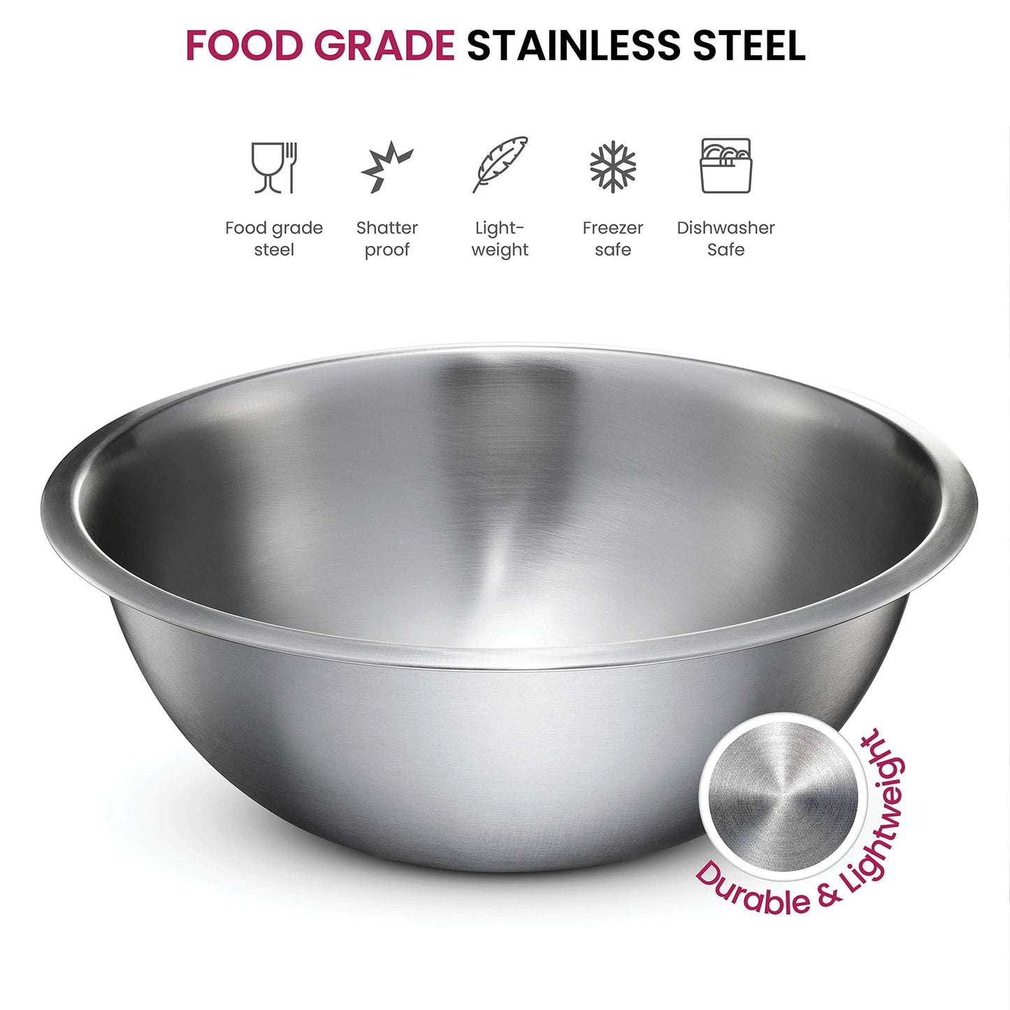 FineDine Stainless Steel Mixing Bowls Set, Dishwasher Safe, Up To 8 Quart Metal Mixing Bowls For Kitchen, Nesting, Large, Small, Big Food Prep, Cooking, Baking