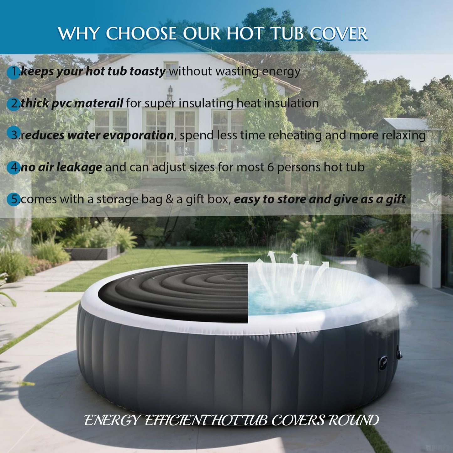 Inflatable Hot Tub Cover Round, Fits Saluspa Coleman Intex Cover, Thermal Insulated & Energy-Saving Weatherproof Protector, Unique Design Flexible Adjust Pool Cover Size Replacement-Life Time Support