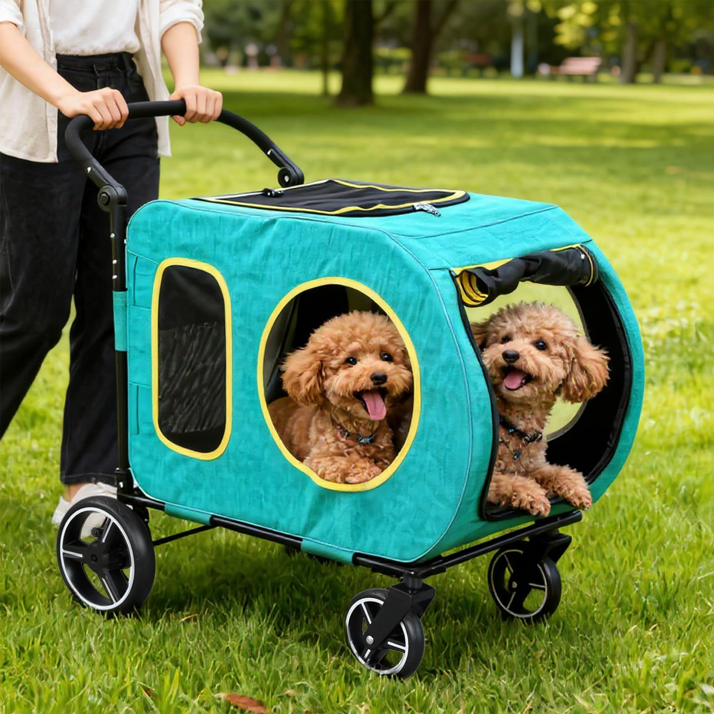 2025 Upgraded Dog Stroller for Large & Medium Dogs，Pet Stroller for 2 Small Dogs, Foldable Jogger Wagon with Detachable Carrier for Car Seat, Adjustable Handle, Up to 90 lbs, Blue