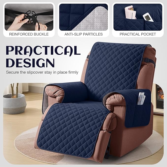 KinCam 100% Waterproof Recliner Chair Cover, Reclining Couch Covers for Pets, Dogs, Recliner Couch Slipcover Furniture Protector with Elastic Straps for Kids(25", Dark Blue)