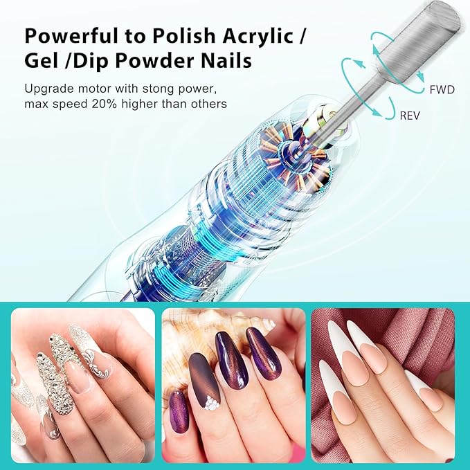 COSLUS C20 Cordless Nail Drill Electric File: Professional for Acrylic Gel Dip Powder Nails Portable Nail Drill Machine Kit for Manicure Pedicure Nail Set with Everything Rechargeable Lightweight Blue