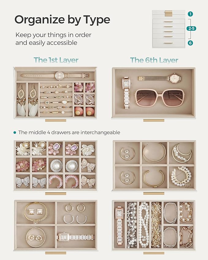 SONGMICS GISELLA Collection - Jewelry Box Organizer, 6-Layer Jewelry Storage with 5 Drawers, Shiny Metal Hardware, Glass Lid, Modern, 6.4 x 9.9 x 11.4 Inches, Cloud White and Gold Color UJBC171W01