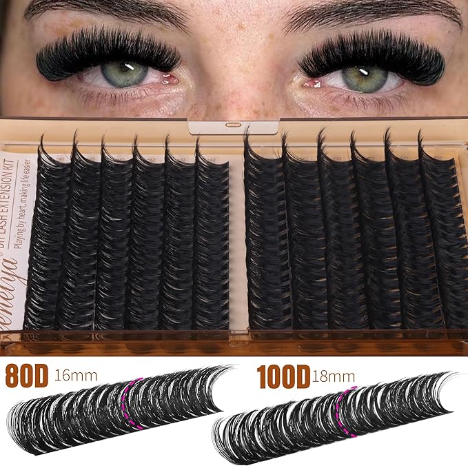 Geeneiya Volume Lash Clusters Kit DIY Lash Extension Kit D Curl Eyelash Extensions with Waterproof Lash Bond and Seal Waterproof Tweezers,Only 16-18MM, 80D+100D
