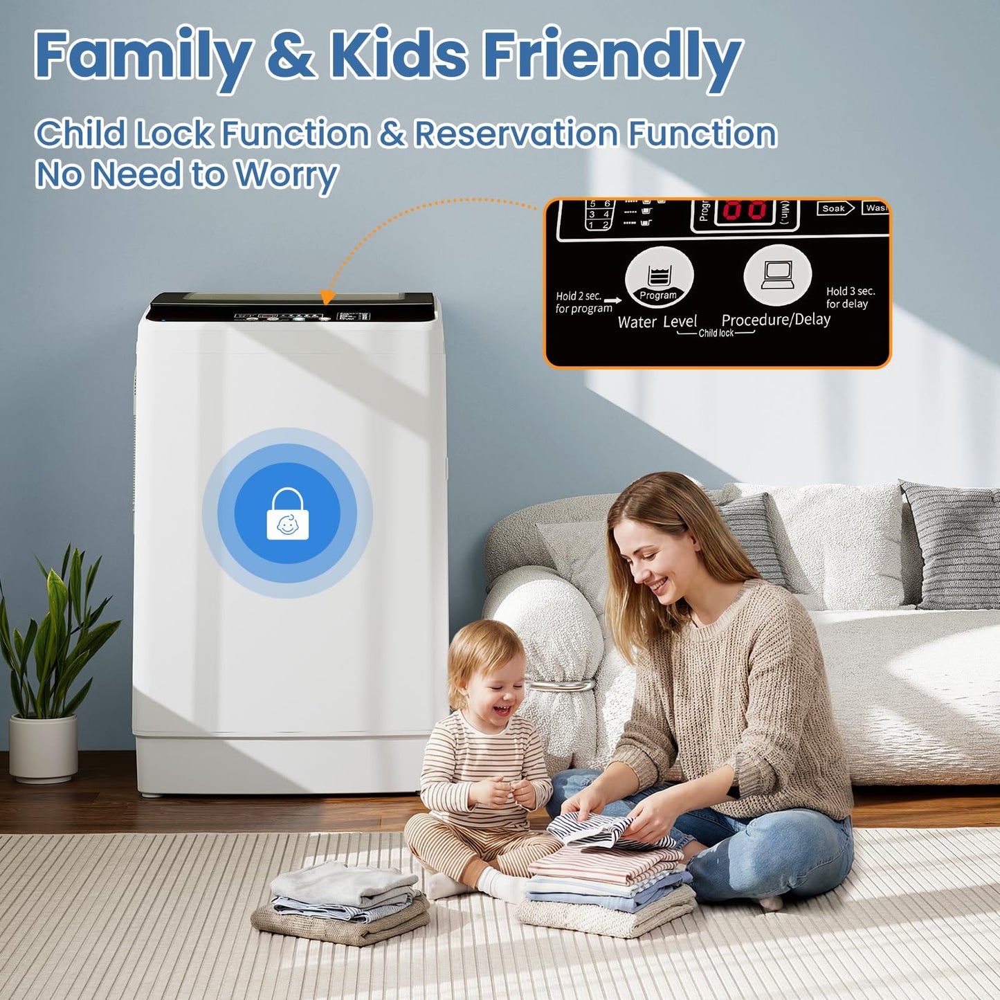 VCJ Portable Washing Machine, 35 LBS Large Capacity Full-Automatic Portable Washer with 12 Wash Cycles, 8 Water Levels & 24H Delay, Compact Electric Laundry Washer for Apartment, Dorms,RVs