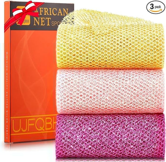 3 Piece Bright Style African exfoliating net Exfoliating Shower Set Long Bath Sponges for Smooth, Refreshed Skin, The Exterior Gleams - Ideal for Daily Use (Bright Yellow, Pink, Purple)