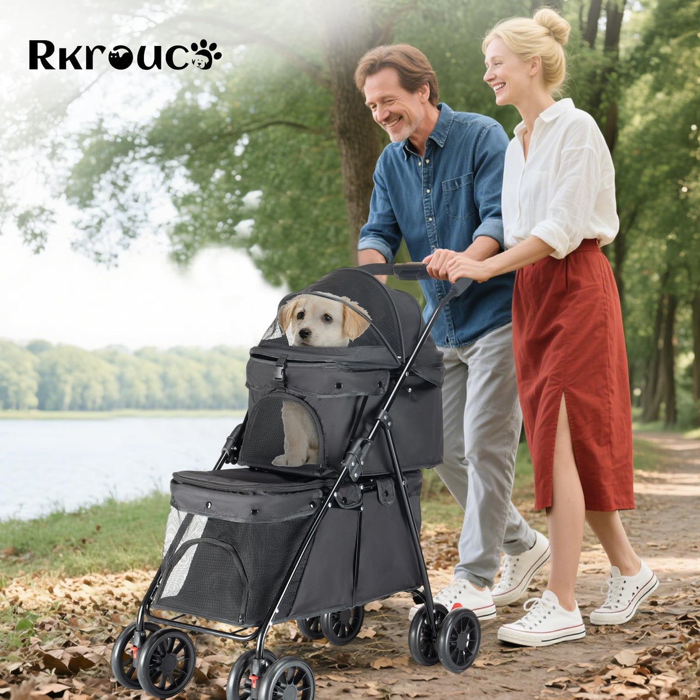 Double Pet Stroller for Medium Small Dogs and Cats with 2 Carriage, Durable Universal Wheels with Brakes Lightweight One Hand Foldale Kittens Puppies Travel Strolling Cart (Black)
