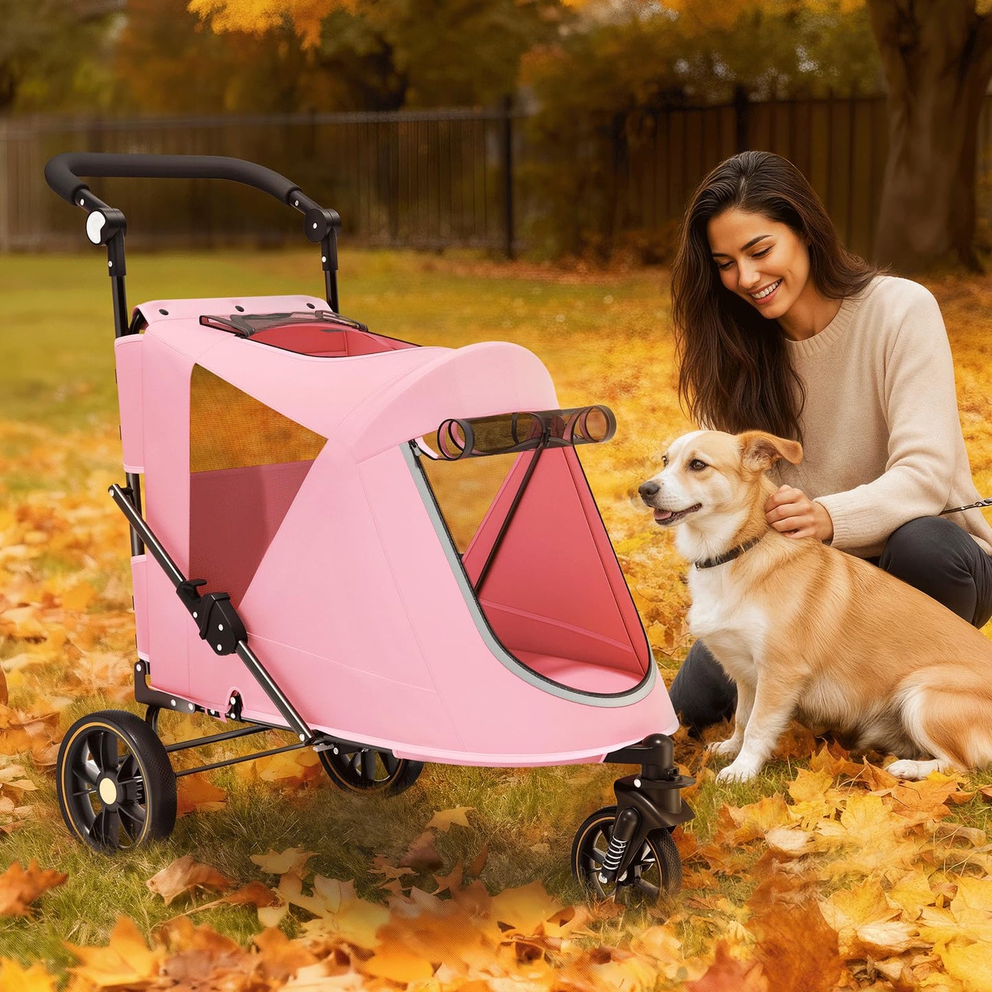 Magshion Pet Stroller for Medium Dogs w/Adjustable Handle, 3-Wheel Dog Cat Wagon w/Dual Entry, Rear Storage, Breathable Mesh, One-Foot Brake, Ideal for Large Pets up to 55 lbs, Pink