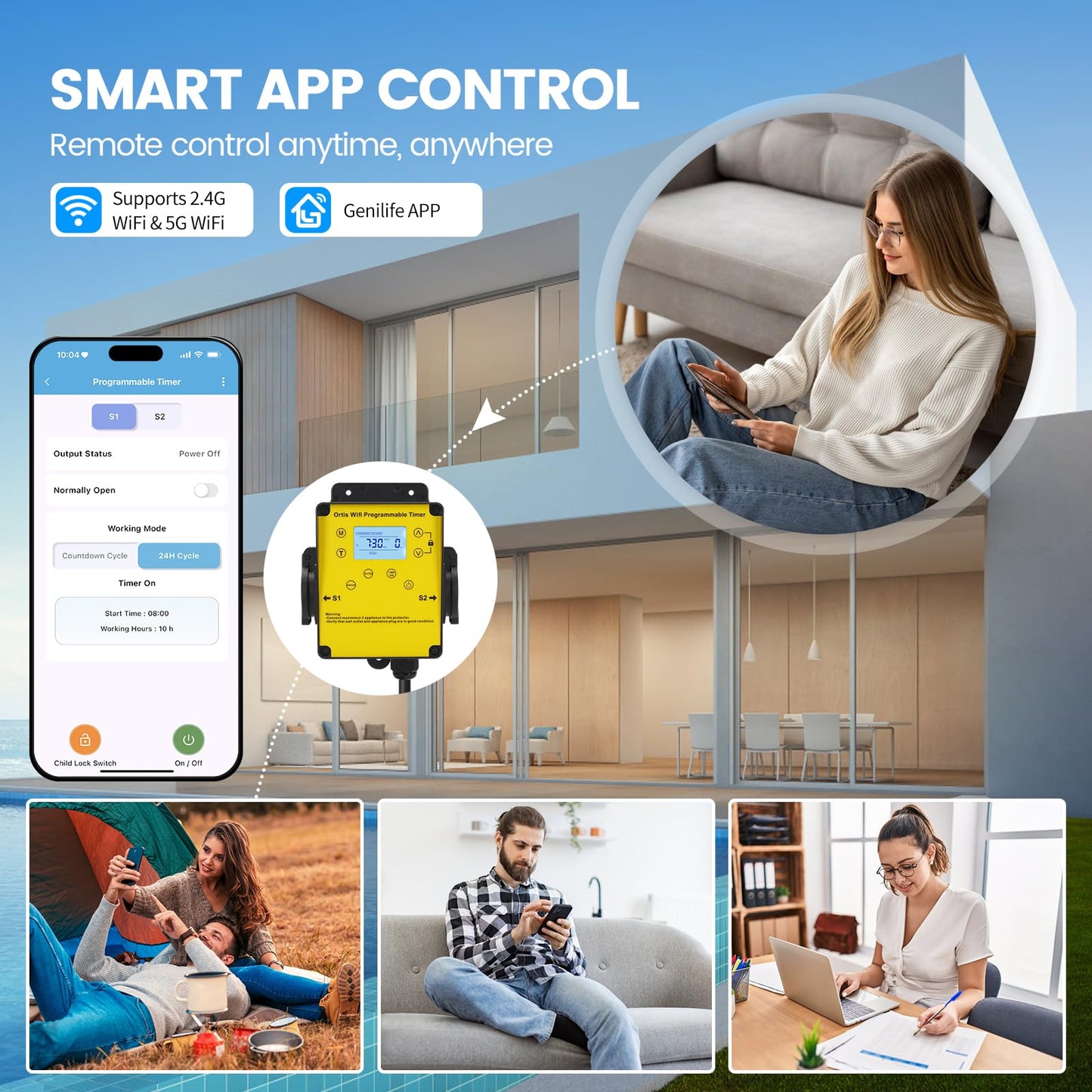 WiFi Above Ground Pool Timer Switch - Ortis Smart Pool Timer with Smart Life App Control, Dual Outlet, Realize Switch and Timing on Your Phone, for Swimming Pools Filters Pumps & Landscape Lights