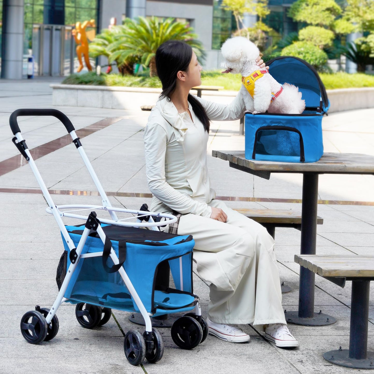 BETSOCCI Double Dog Stroller with 2 Detachable Carrier, Portable Pet Stroller for Small Dogs & Cats Folding Lightweight Puppy Travel Carriage, 4 Wheels, Azure