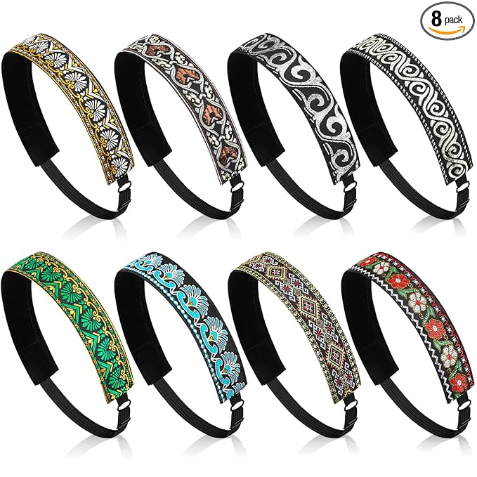 Sintege 8 Pcs Woman Elastic Headband Adjustable Non Slip Velvet Lined Headbands Solid Color Boho Hair Bands for Women Sport Yoga Work Makeup Stylish Hairband(Fresh Style)