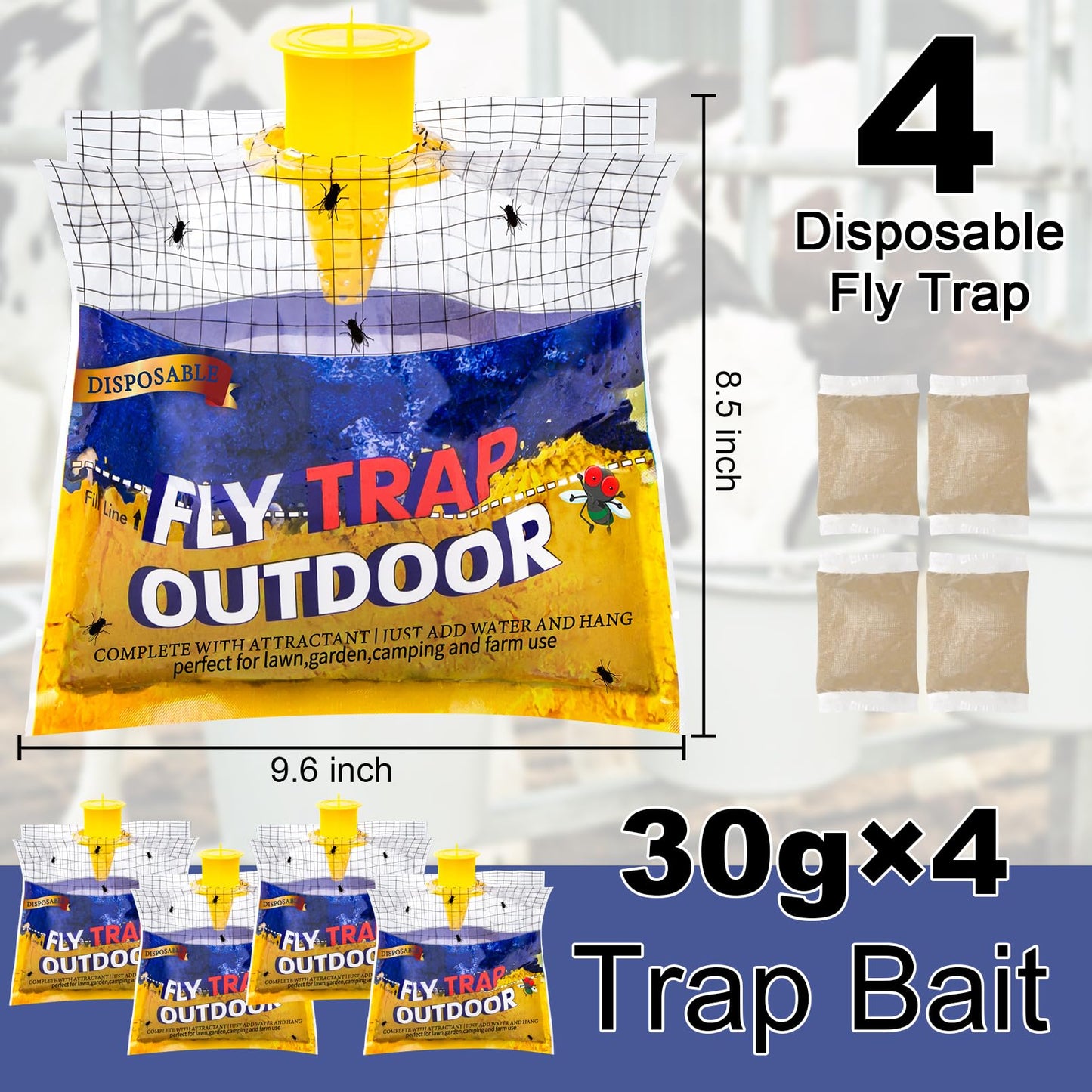 Disposable Fly Traps 4 Pack Bags Outdoor, Flies Catcher Traps with Natural Pre-Bait Refill Repellent, Reusable Stable Horse Ranch Trapper Outdoor Hanging Fly Killer Helps Control Flies