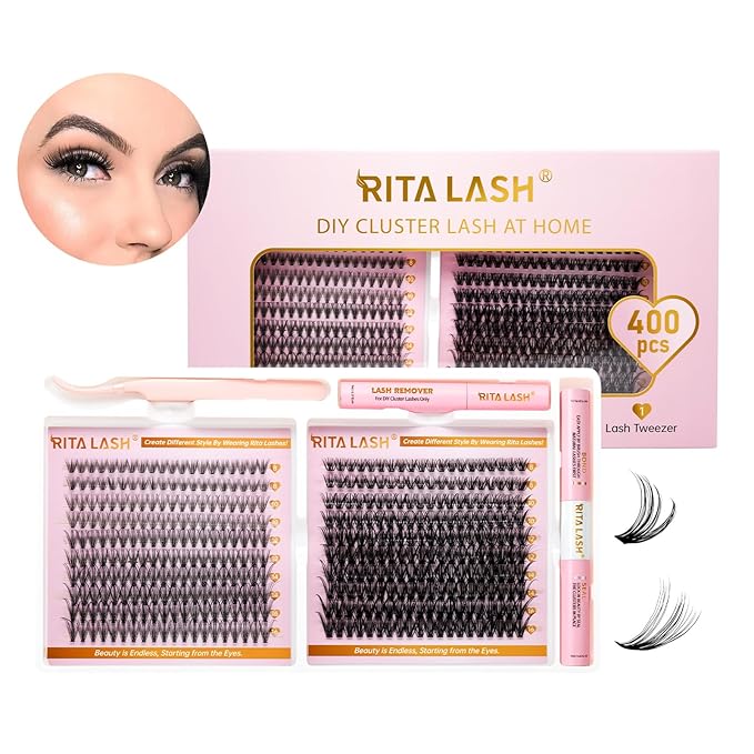 RITALASH Lash Extension Kit DIY Lash Clusters Kit 400pcs Cluster Lashes Individual Lashes Eyelash Extension Kit with Lash Bond and Seal,Lash Remover,Lash Tweezers(20D+40D Cluster Kit,8-16mm)