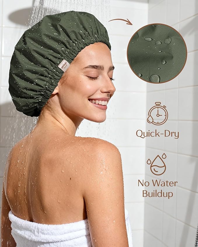 Yanibest Satin Lined Shower Cap for Women Reusable Waterproof, Frizz Free & Large Bath Cap with Soft Elastic Band, Luxury Hair Protection Caps (Green)