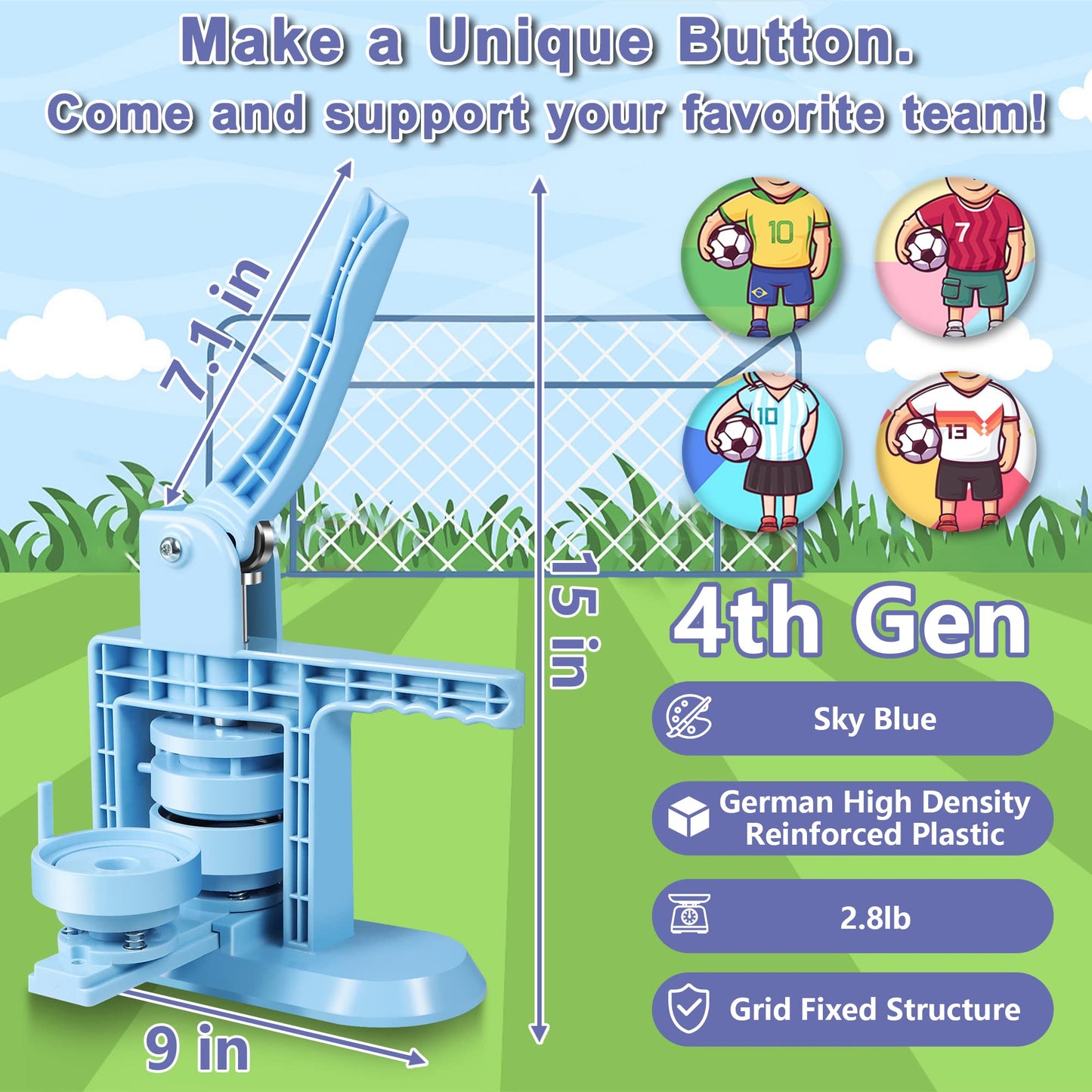 Happizza Button Maker Machine Multiple Sizes (4th Gen), Pin Maker 1+1.25+2.25 inch / 25+32+58mm, Badge Button Press Machine with Cutting Mat & 300 Sets Badge Making Supplies & Circle Cutter