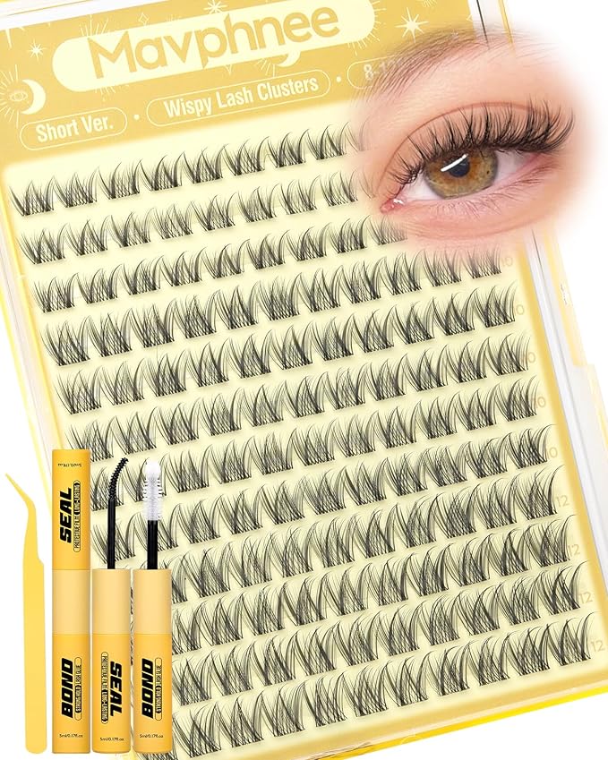 Short Lash Clusters Kit 8-12MM Natural Eyelash Clusters Wispy Cluster Lash Extensions Kit Clear Band Cluster Eyelash Extensions with Bond and Seal (C Curve, 132PCS)