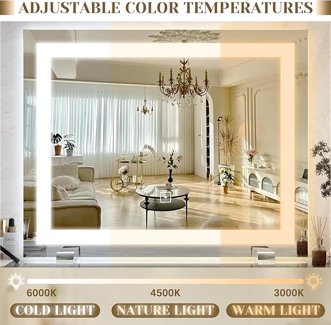 ROLOVE 22x20 Inch Lighted Vanity Mirror, 3-Mode Touch Dimming LED Lighting, Large Makeup Mirror for Dressing Room, Tabletop or Wall-Mounted, White
