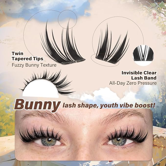 JMS&JMS Manga Lash Clusters Kit, BUNNY Lash Clusters Anime Cluster Eyelash Extensions Kit, 8-18mm C Curl Wipsy Lashes Kit Clear Band Natural Eyelashes with Bond and Seal, Tweezers(BUNNY KIT)