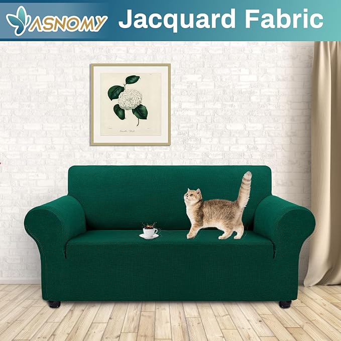 Asnomy Sofa Covers for 2 Cushion Couch Stretch loveseat Covers Slipcovers, Pet Protector Furniture Covers for Dogs Cats Spandex Jacquard Fabric Small Checks （Medium，Blackish Green）