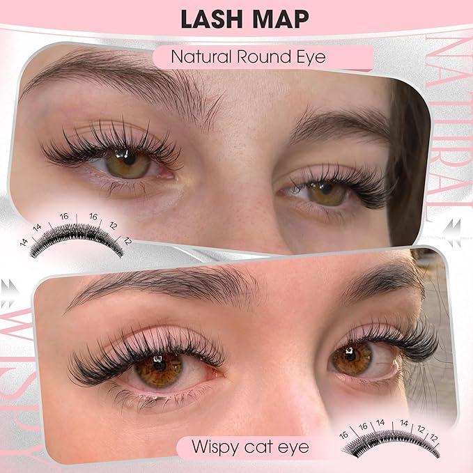 Goddvenus Wispy Natural Lash Clusters 12-14-16mm CC Curl DIY Cluster Eyelash Extensions for Clean Makeup, Individual False Eyelashes Cat Eye Lash Clusters