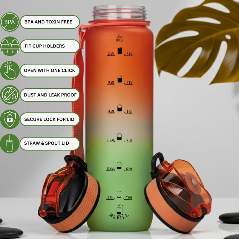 VINCEPLUS 32oz Titan Water Bottle with Time-Marked, 2 Lids (Fast Flow & Straw) - BPA/BPS Free, Leak-Proof, Airtight, Reusable Water Bottle - Perfect for Sports, Hiking (Green)