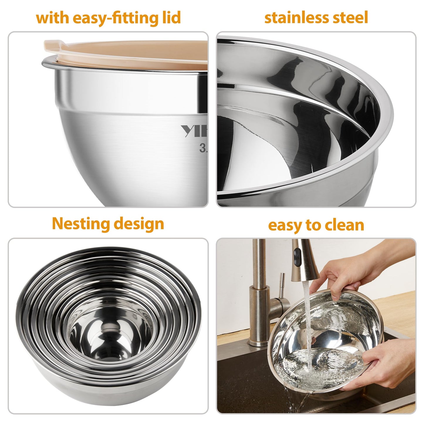 YIHONG 7 Piece Metal Mixing Bowls with Lids for Kitchen, Stainless Steel Set Ideal for Baking, Prepping, Cooking and Serving Food, Nesting Design for Space Saving Storage (Khaki)
