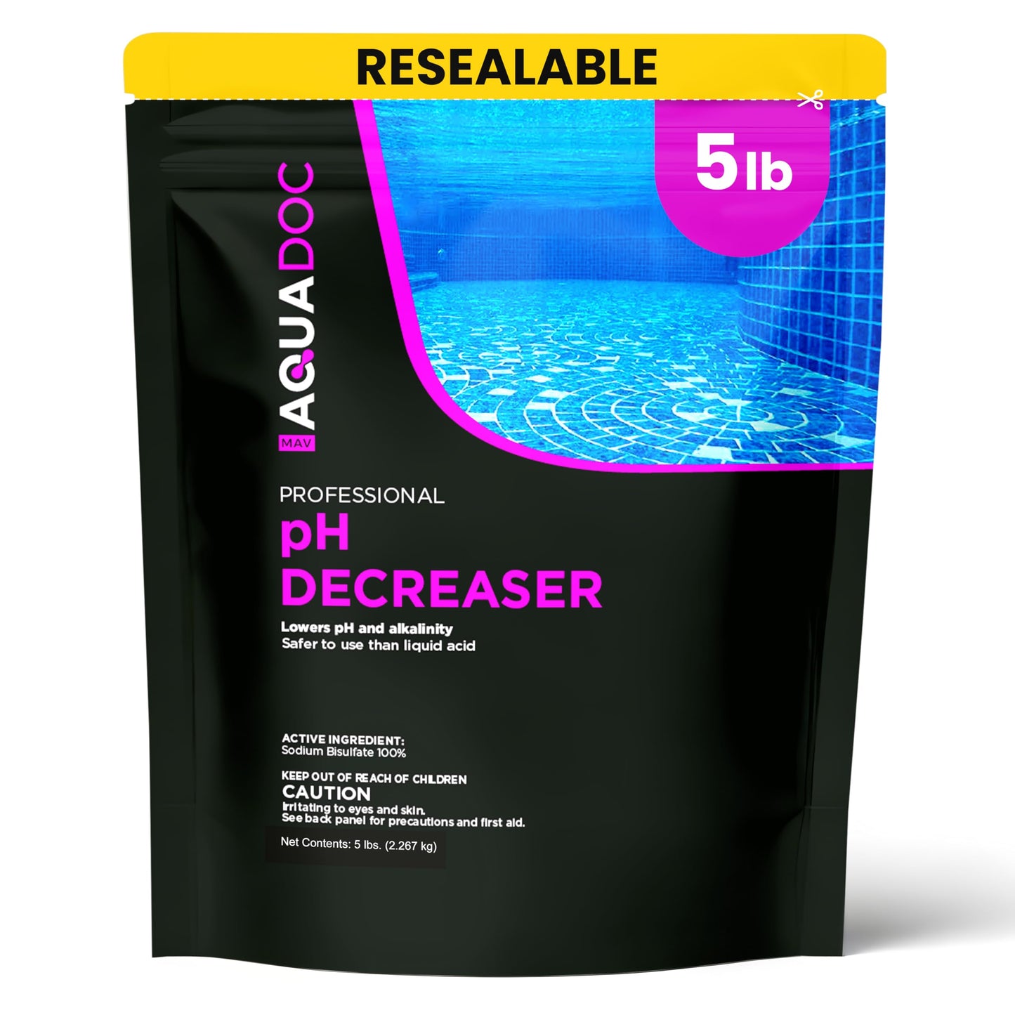 MAV AquaDoc pH Down for Pools - 5lb - Sodium Bisulfate pH Decreaser for Pool & Alkalinity Decreaser - Easy Dissolving Dry Acid Pool Chemicals Made in the USA