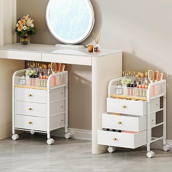 SWTYMIKI Rolling Makeup Organizer Cart - 14.96Ã¢ÂÂ³*11.81Ã¢ÂÂ³*23.03Ã¢ÂÂ³ Widened Under Desk Vanity Storage with 3 Non-woven Drawers, Cosmetic Display Cases for Skin Care Perfume Nail Polish Brush Hair Tool White
