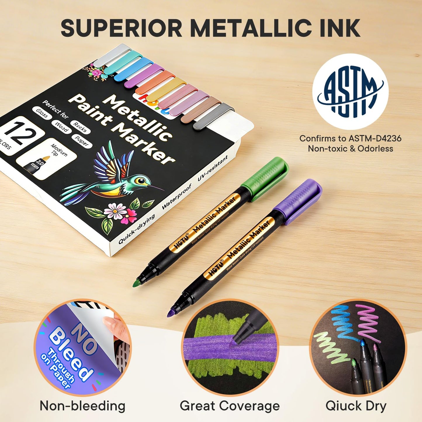 HOTU Metallic Marker Pens, 12 Metallic Paint Markers 2MM Medium Point for Black Paper,Rock Painting, Glass,Scrapbooking Crafts, DIY Photo Album, Eggs Decorating, Card Making,DIY Fabric