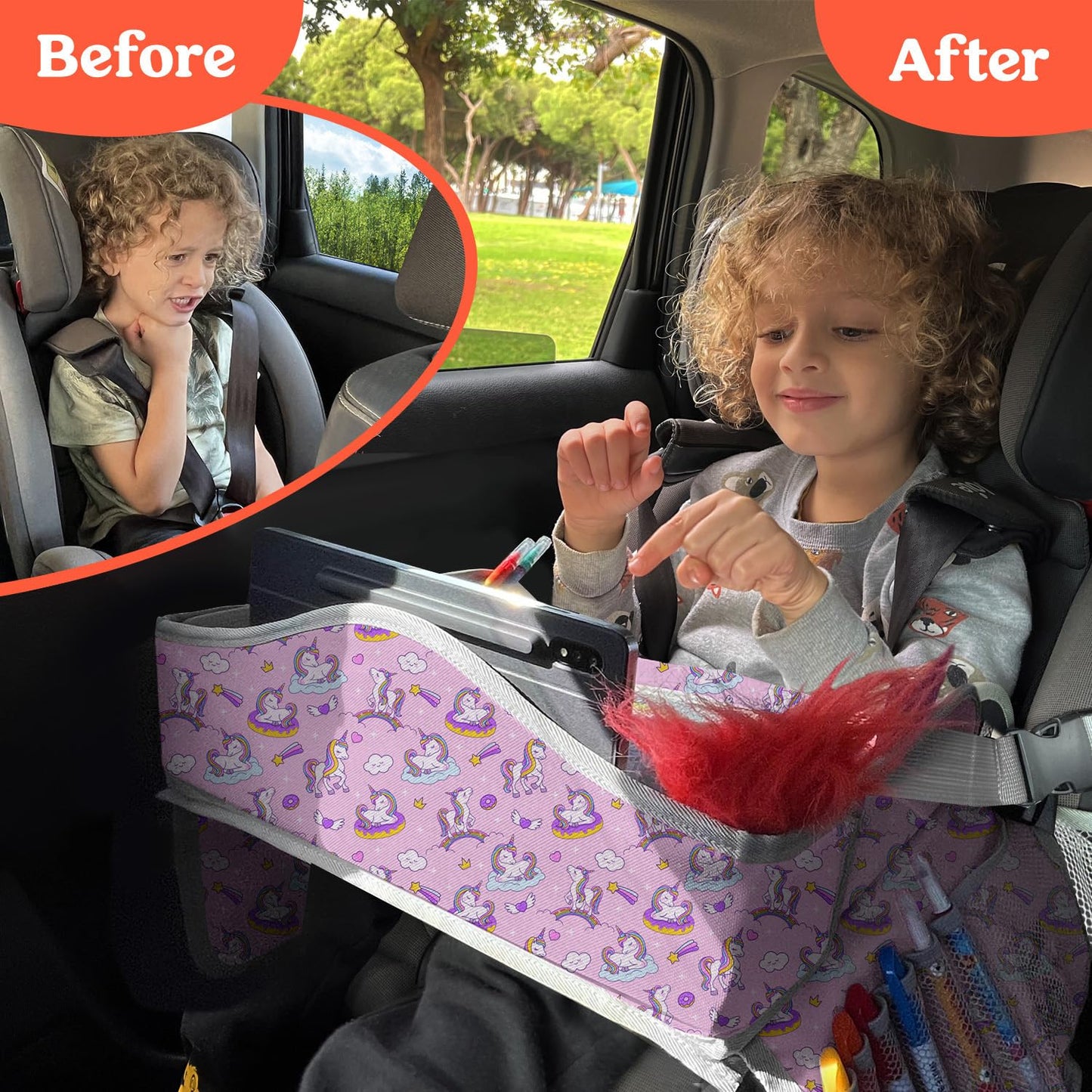 PILLANI Kids Travel Tray for Car - Carseat Tray for Toddler, Road Trip Must Haves with Cup Holder & Drawing Board - Toddler Airplane Travel Essentials for Girls - Car Accessories for Kids