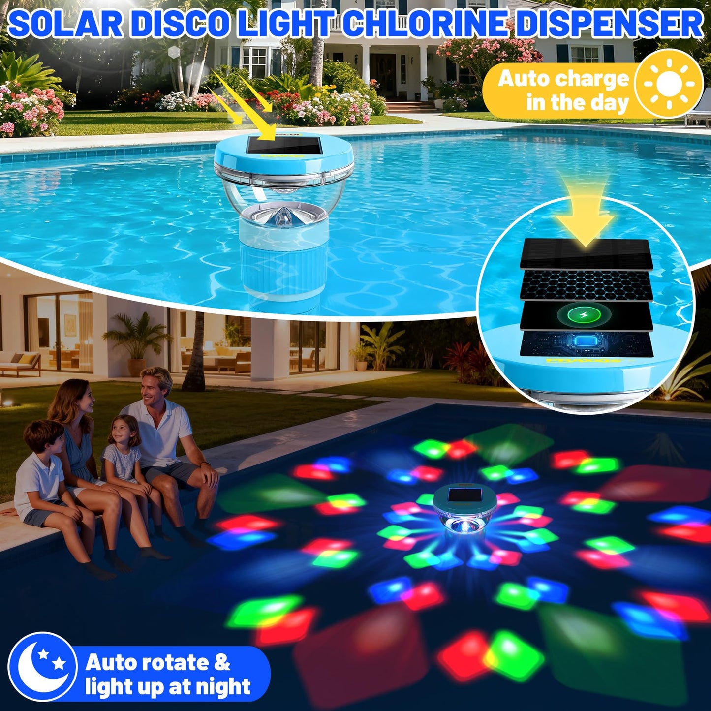 PRAXXIS Solar Chlorine Floater with Rotating Disco Light, Pool Chlorine Floater Adjustable Flow, Floating Chlorine Dispenser for Pool, Collapsible Chlorine Floater, Chlorine Floater for Hot Tub (Blue)