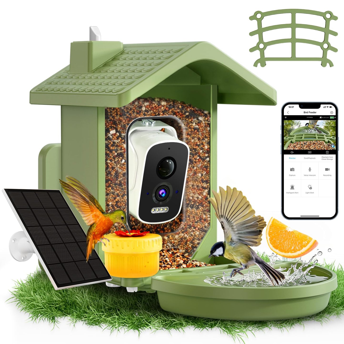 Smart Bird Feeder with Camera Solar Powered, AI Birds Species Identification, 2.5K HD Video Bird House with Camera for Outside, Weatherproof Design Ideal Gifts for Christmas, Bird Lovers, Green