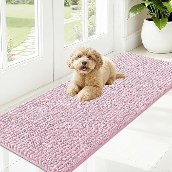 OLANLY Dog Door Mat for Muddy Paws 59x20, Ultra Absorbent Chenille Mud Doormat, Non-Slip Washable and Dirt Trapping Doormat for Indoor Entryway, Quick-Dry Indoor Pet Bed Mats for Dogs, Dusty Rose