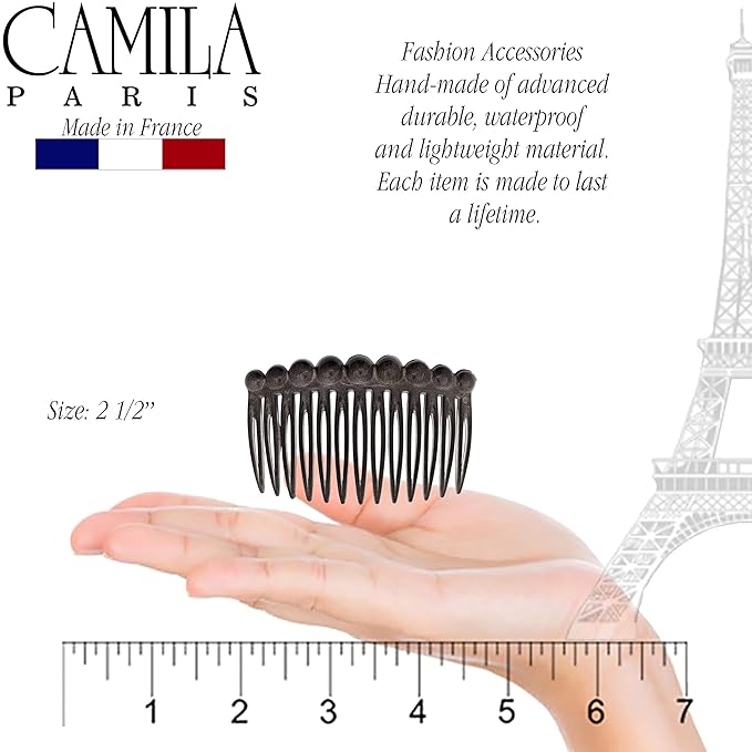 Camila Paris CP3034 French Hair Side Comb, Small Rounded, Gray French Twist Hair Combs Decorative, Strong Hold Hair Clips for Women Bun Chignon Up-Do Styling Girls Hair Accessories, Made in France