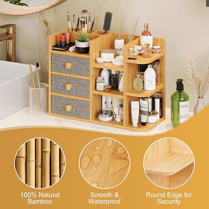 Large Makeup Organizer For Vanity, Large Capacity 3 Tiers Bamboo Bathroom Counter Organizers and Storage, Countertop Makeup Brush Holder, Nail Polish Perfume Stand with 3 Drawers and 10 Compartments