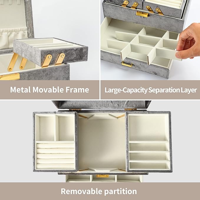 Dajasan Jewelry Organizer Box, Large Velvet Jewelry Boxes for Women Girls, Space-Saving 3 Layers Jewelry Storage Case with Drawer, Movable Metal Stand, Modern, Gift Idea (Grey)