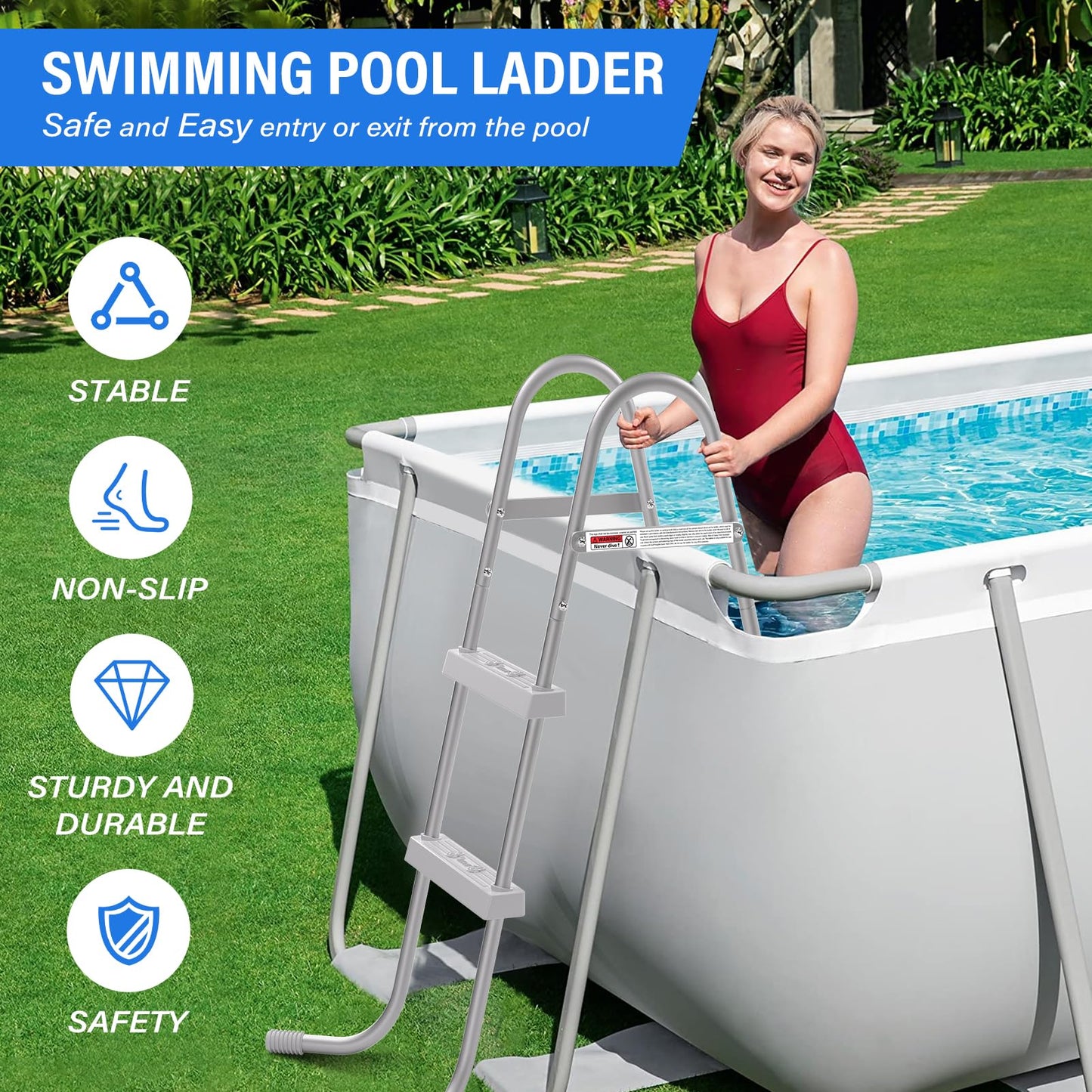 TIXANF 33" 2-Step Steel Frame Above Ground Swimming Pool Ladder,Heavy Duty Double Sided Removable Pool Steps,Pool Ladder Steps with Non-Slip Plastic Steps for Entry and Exit