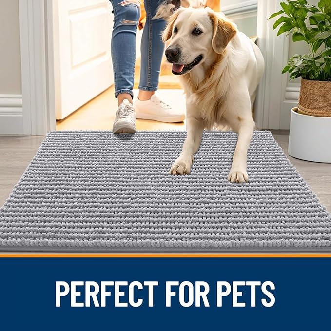 OLANLY Dog Door Mat for Muddy Paws 47x20, Ultra Absorbent Chenille Mud Doormat, Non-Slip Washable and Dirt Trapping Doormat for Indoor Entryway, Quick-Dry Indoor Pet Bed Mats for Dogs, Light Grey