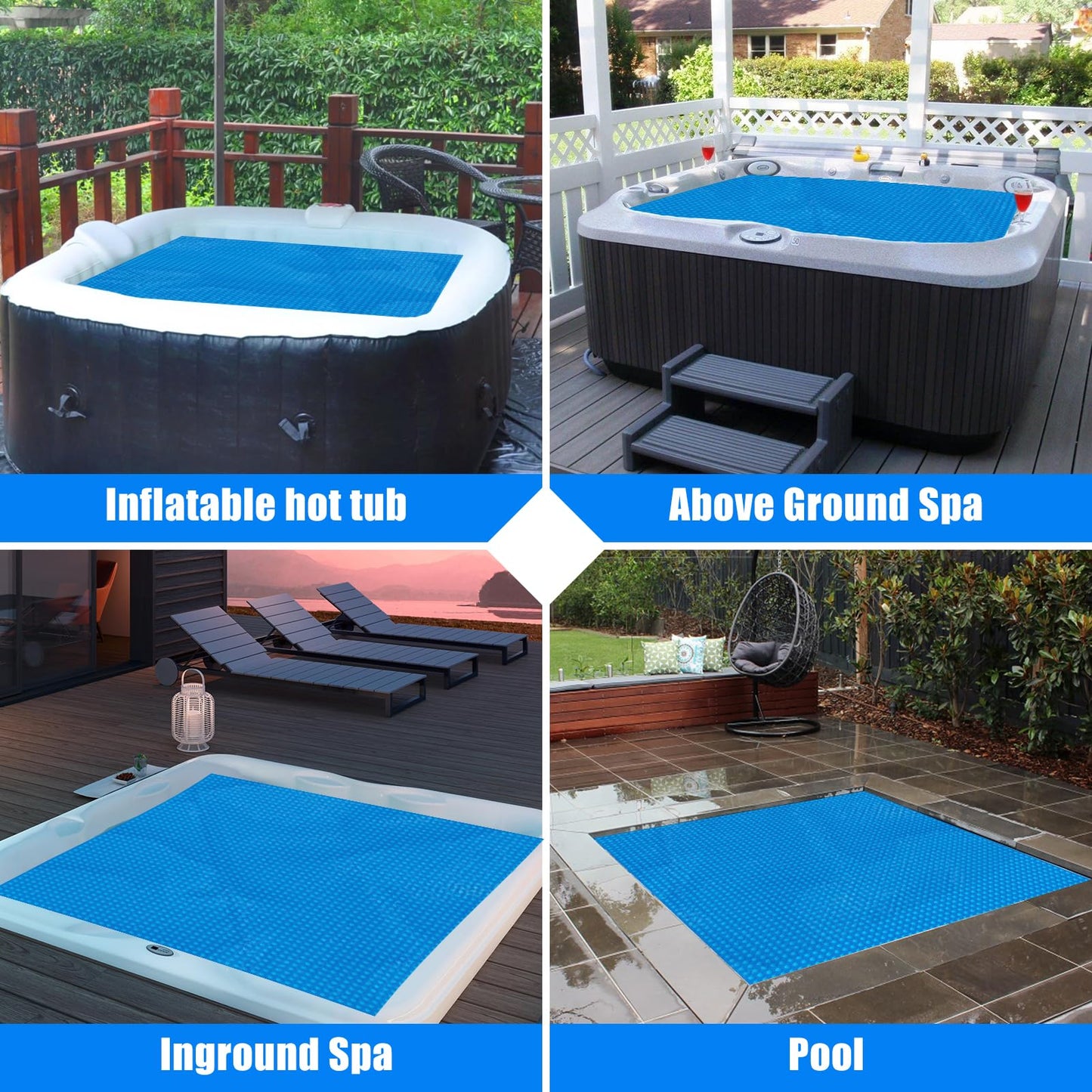 Kakolvan Solar Bubble Hot Tub Spa Cover for 7 x 7 FT Square Inflatable Swimming Pool Blanket Thermal Floating Insulation 16 Mil Bubble Solar Covers for Indoor Outdoor Spa Hot Tub Wrap Covers