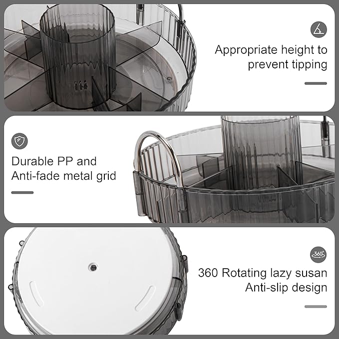 YCIA&DONE 360 Rotating Makeup Organizer and Storage for Vanity Countertop 3 Tiers, High Capacity Cosmetic Skincare Perfume Organizers for Dresser Bathroom Lazy Susan (Smoky Gray)