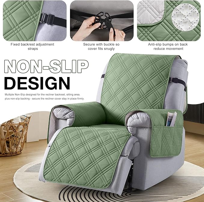 TAOCOCO 100% Waterproof Recliner Chair Covers, Non Slip Recliner Covers for Recliner Chair with Pocket, Washable Reclining Chair Cover Furniture Protector for Kids,Dogs(25'', Bean Green)