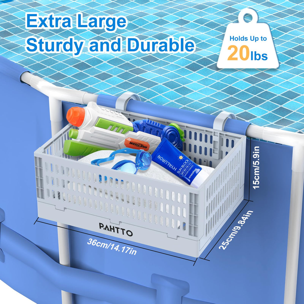 PAHTTO Poolside Storage Basket, Foldable Above Ground Pool Storage Basket for Pool Toys, Towels, Beverages, Poolside Organizer, Pool Accessories for Above Ground Swimming Pool (1 Pack- Gray)
