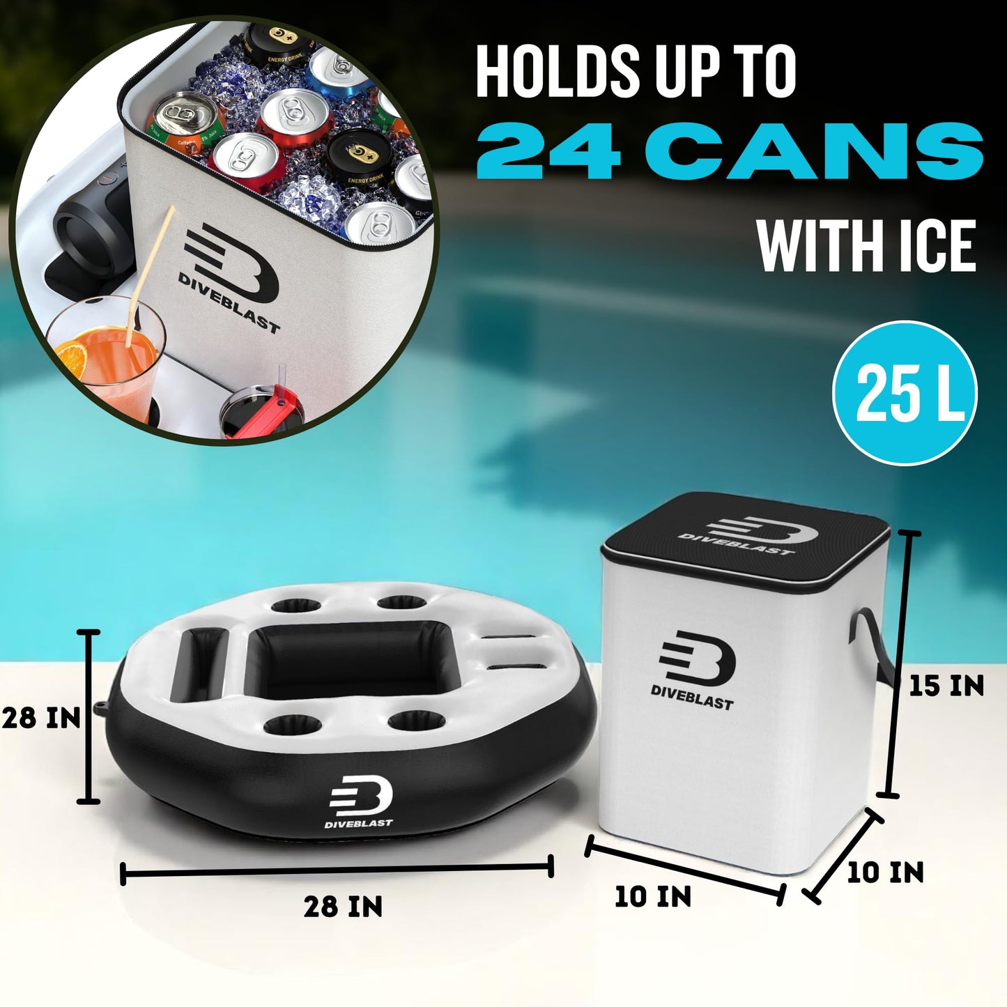 DIVEBLAST Floating Cooler for Pool, Lake, River & Kayak - Holds Up to 24 Cans with Ice - Leakproof Insulated Cooler for River Floating