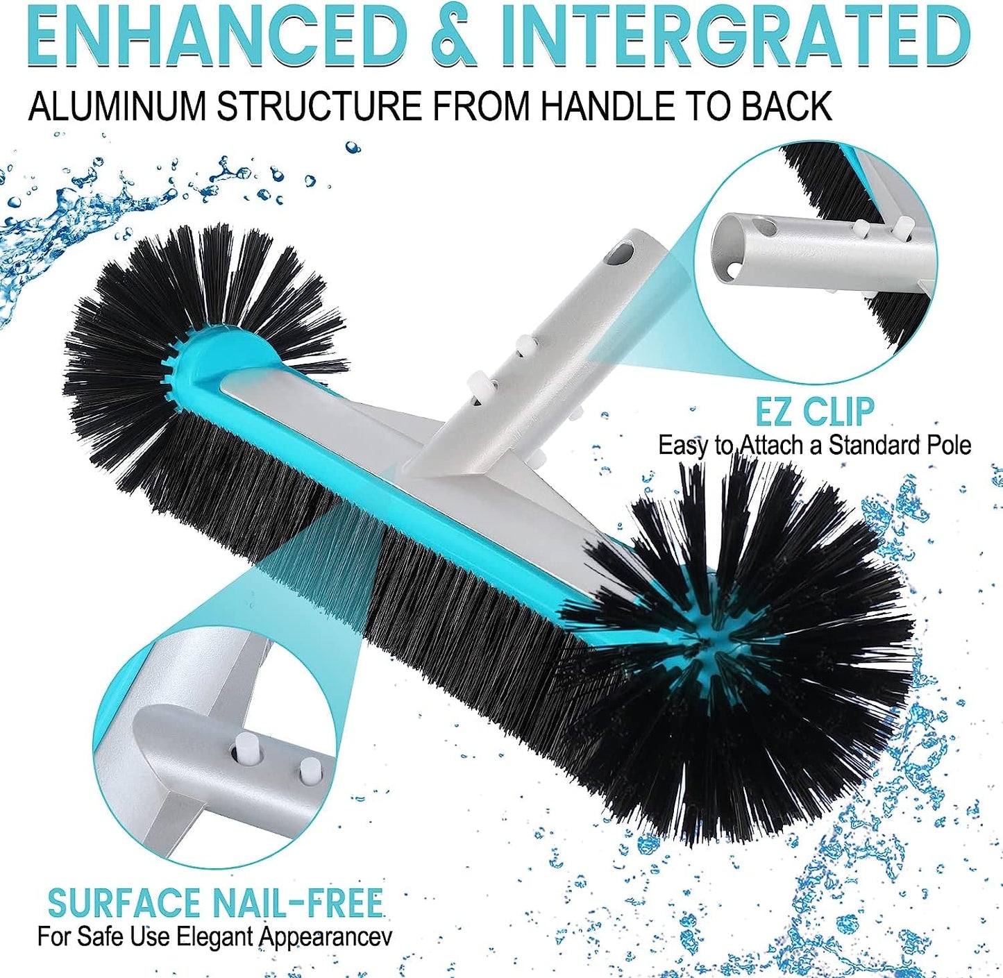 Swimming Pool Brush Head with Round Ends,17.5" Heavy Duty Aluminum Back Head for Cleans Walls, Tiles & Floors, 7 Rows Premium Nylon Bristles with EZ Clips (Blue Black)