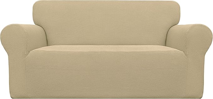 Easy-Going Stretch Loveseat Slipcover 1-Piece Sofa Cover Furniture Protector Couch Soft with Elastic Bottom for Kids Polyester Spandex Jacquard Fabric Small Checks (Loveseat, Beige)