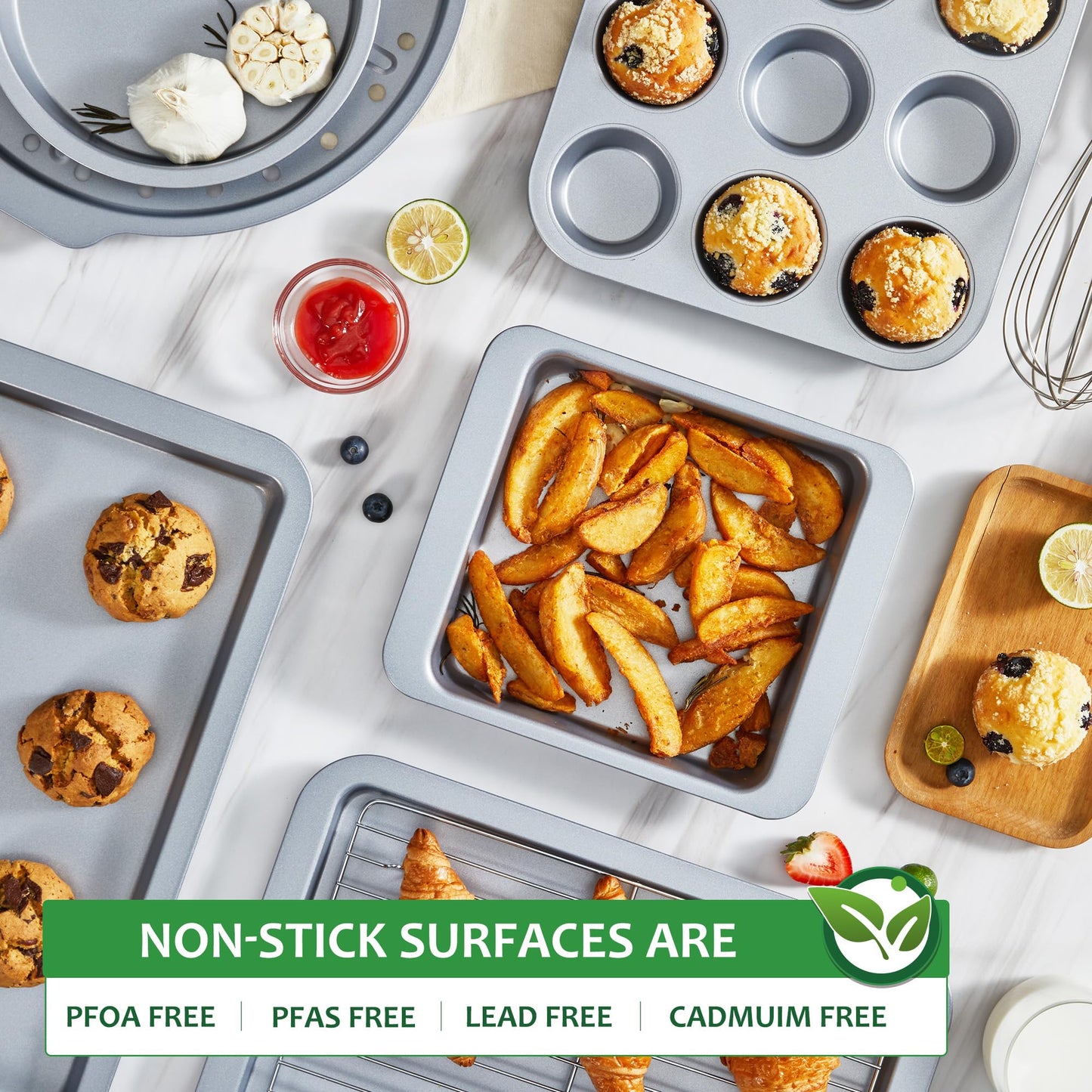 HONGBAKE Bakeware Sets, Baking Pans Set, Nonstick Oven Pan for Kitchen with Wider Grips, 10-Piece Including Rack, Cookie Sheet, Cake Pans, Loaf Pan, Muffin Pan, Pizza Pan - Sliver