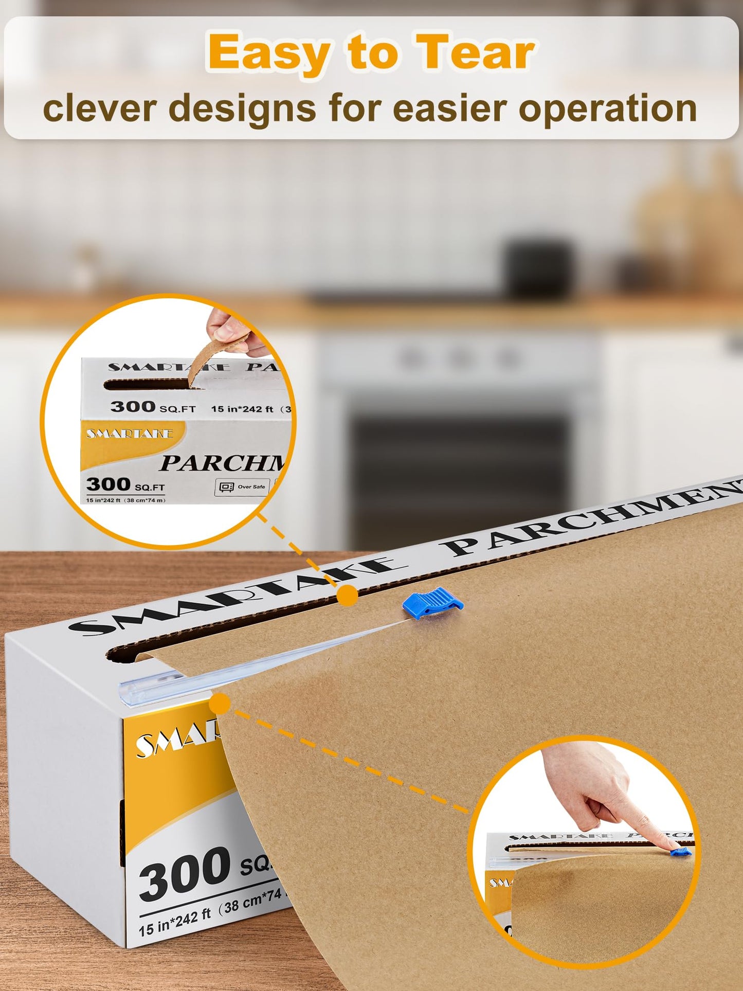 SMARTAKE Parchment Paper Roll for Baking, 15 in x 242 ft, 300 sq.ft, Non-Stick Baking Paper Sheets with Slide Cutter, Heavy Duty Extra Long, for Kitchen Baking Cooking Grilling Steaming, Unbleached