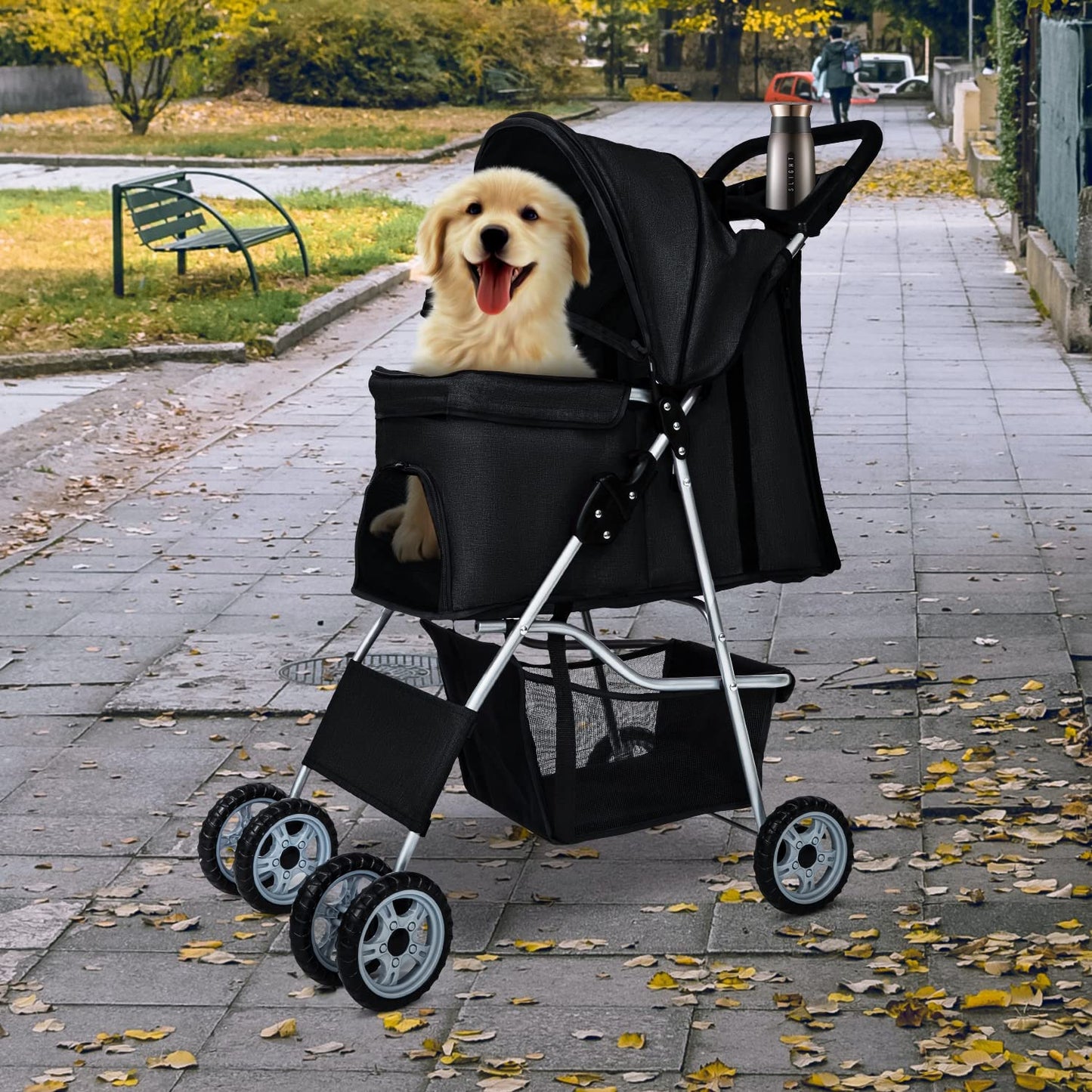 BestPet Pet Stroller Dog Cat Jogger Stroller for Medium Small Dogs Cats Folding Lightweight Travel Stroller with Cup Holder (Black, 4 Wheels)