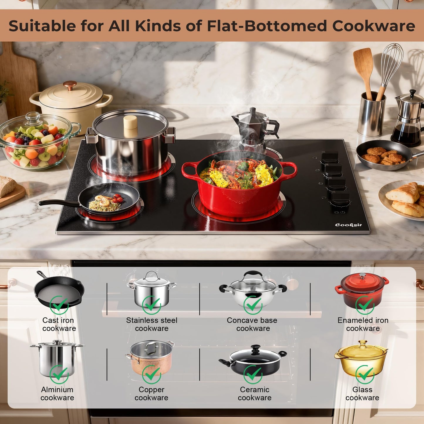 Cooksir Electric Cooktop 30 Inch - 4 Burner Built-in(29.13"x19.3") Electrical Stovetop 7400W, 30 In Radiant Electric Stove with Glass Protection Metal Frame, Auto Shut Off, 220-240V Hard Wired