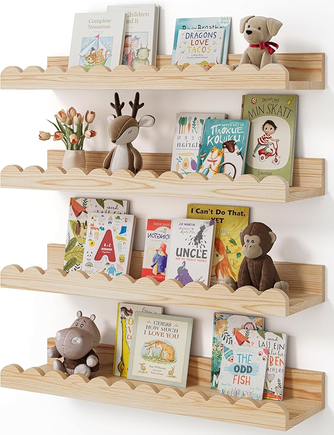Shario Nursery Book Shelves, 4-Pack Wood Floating Shelves for Wall Kids, Scalloped Shelves, Wall Book Shelves for Bedroom Kids, Toddler Room, Baby Room, Nursery Decor(Wood, 16.5 Inches)