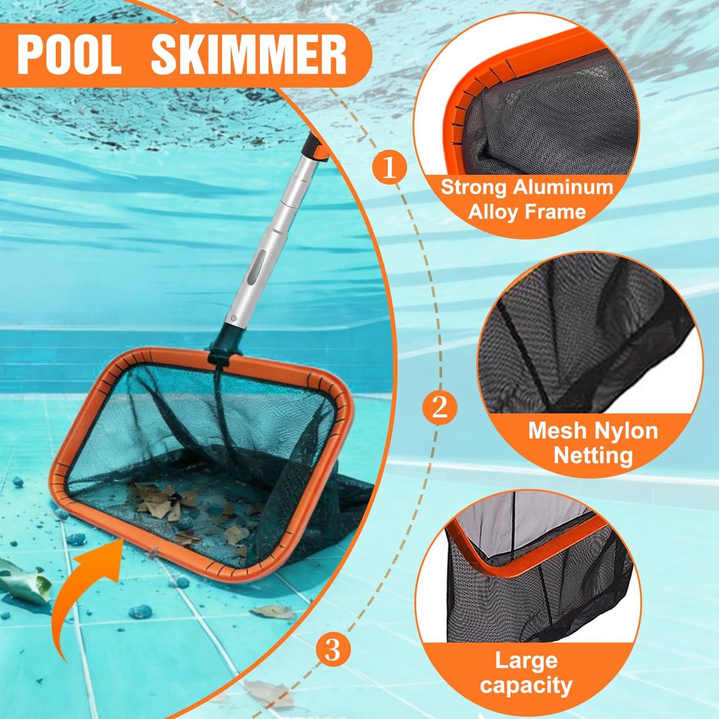 LAANPOLE 4-in-1 Pool Skimmer Net with Pole, Heavy Duty Pool Net and Fine Mesh Leaf Skimmer Net for Above Ground Pool, 16FT Telescopic Pool Pole with Professional Pool Net and Pool Hook for Cleaning